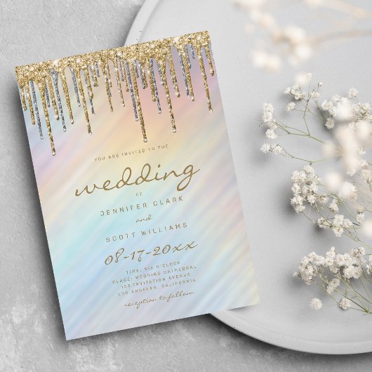Gold Glitter Drift Rainbow Holographic Wedding Kaart