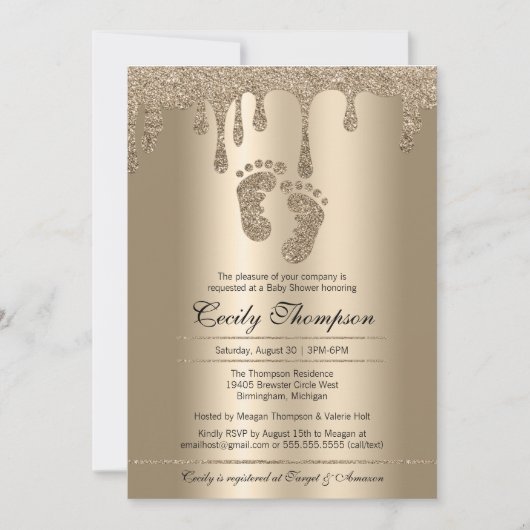 Gold Glitter Drip Luxury Metallic Baby Feet Shower Kaart (Voorkant)