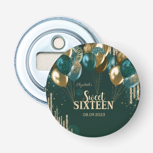 Gold Glitter Drips Balloons Green Sweet 16 Button Flesopener (Voorkant)