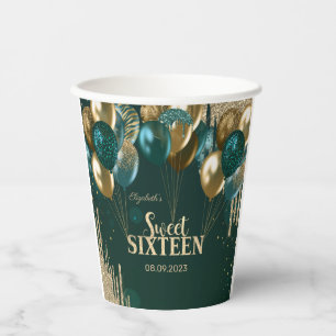 Gold Glitter Drips Balloons Green Sweet 16 Papieren Bekers
