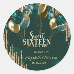 Gold Glitter Drips Balloons Green Sweet 16 Ronde Sticker