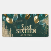 Gold Glitter Drips Balloons Green Sweet 16 Spandoek (Horizontaal)