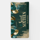 Gold Glitter Drips Balloons Green Sweet 16 Spandoek (Verticaal)