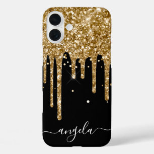Gold Glitter Drips Black Glam Signature iPhone 16 Plus Hoesje