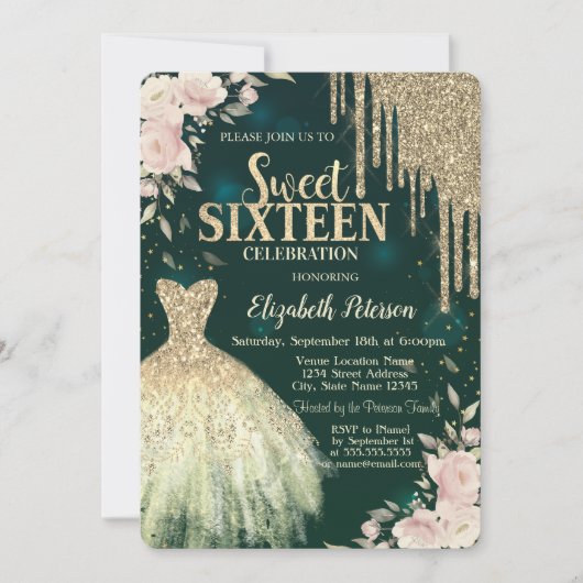Gold Glitter Drips,Dress,Floral Green Sweet 16 Kaart (Voorkant)