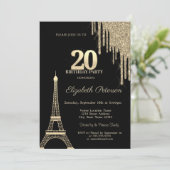 Gold Glitter Drips, Eiffel Tower 20th Birthday Kaart (Staand voorkant)
