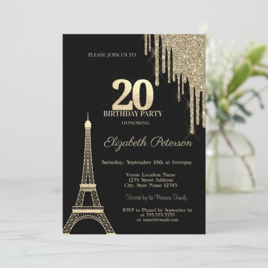 Gold Glitter Drips, Eiffel Tower 20th Birthday Kaart (Staand voorkant)