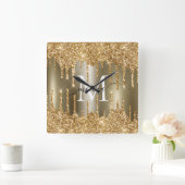 Gold Glitter Drips Monogram Personalized Vierkante Klok (Huis)