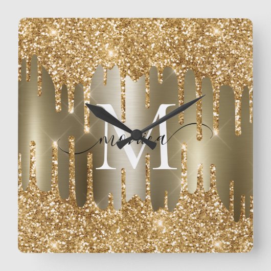 Gold Glitter Drips Monogram Personalized Vierkante Klok (Voorkant)