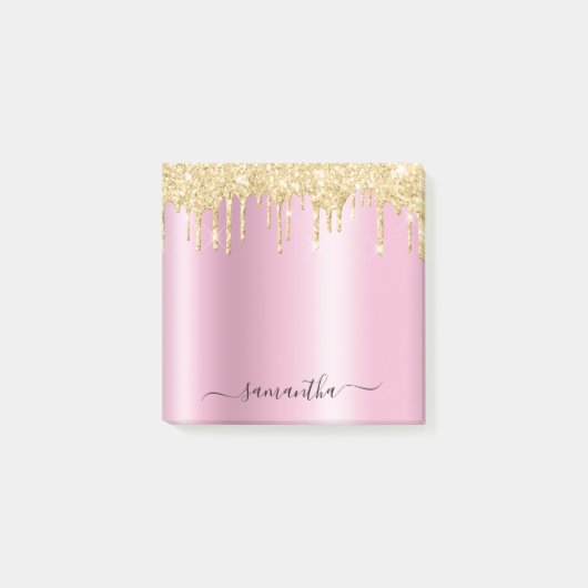 Gold Glitter Drips Pink Shimmer Glam Name Post-it® Notes (Voorkant)
