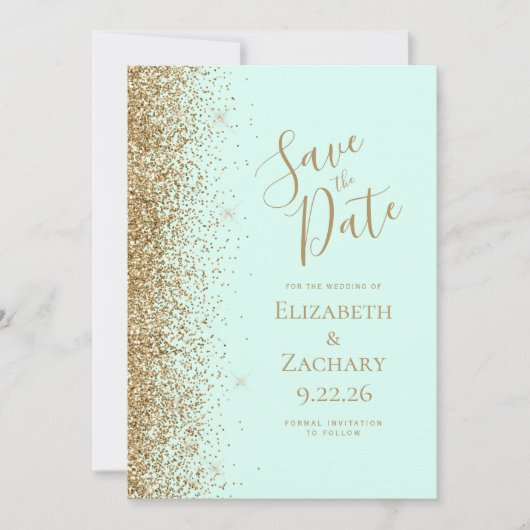 Gold Glitter Edge Mint Green Save the Date Aankondiging (Voorkant)