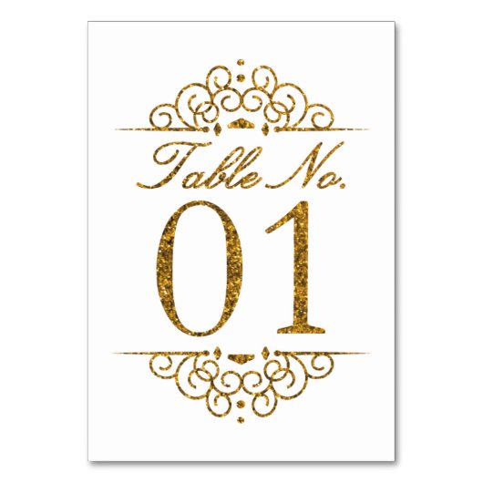Gold Glitter Effect Wedding Table Number Kaart (01 (Voorkant)