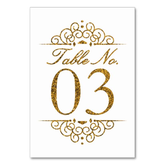 Gold Glitter Effect Wedding Table Number Kaart (03 (Voorkant)