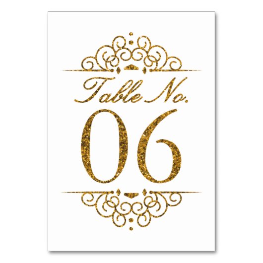 Gold Glitter Effect Wedding Table Number Kaart (06 (Voorkant)