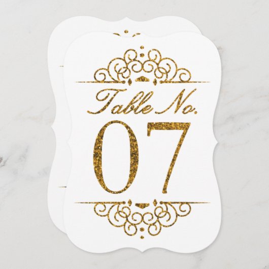 Gold Glitter Effect Wedding Table Number Kaart (07 (Voorkant / Achterkant)