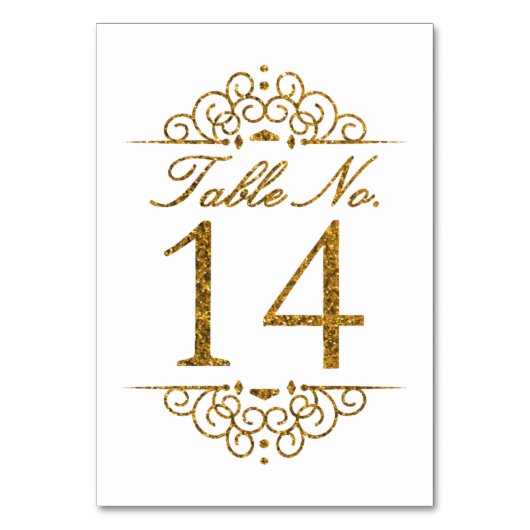Gold Glitter Effect Wedding Table Number Kaart (14 (Voorkant)