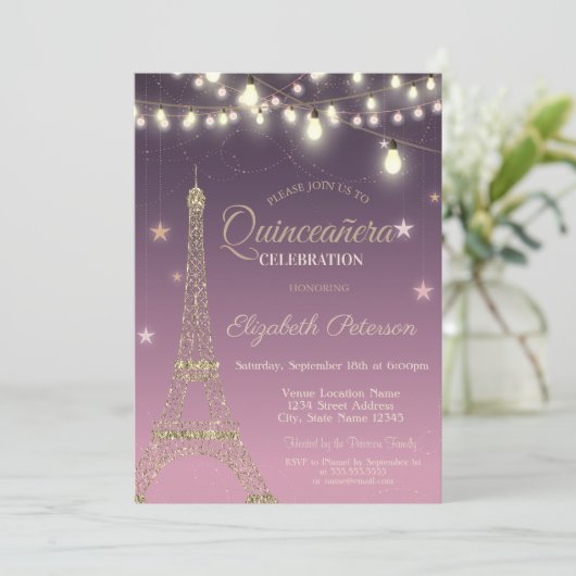Gold Glitter Eiffel Tower, Burgundy Quinceañera Kaart (Staand voorkant)