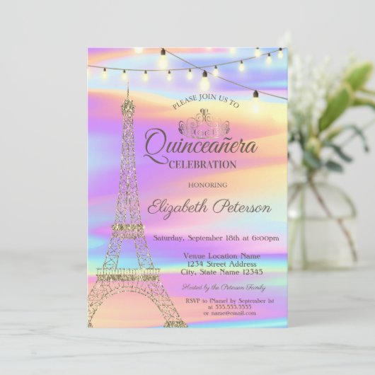 Gold Glitter Eiffel Tower Holographic Quinceañera Kaart (Staand voorkant)
