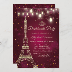 Gold Glitter Eiffel Tower, Tiara Bachelorette Part Kaart