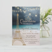 Gold Glitter Eiffel Tower, Tiara Beach Quinceañera Kaart (Staand voorkant)