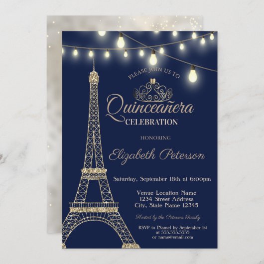 Gold Glitter Eiffel Tower, Tiara Quinceañera Kaart (Voorkant / Achterkant)