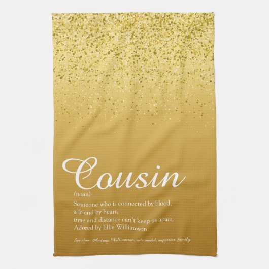 Gold Glitter Elegant Script Cousin-definitie  Theedoek (Verticaal)