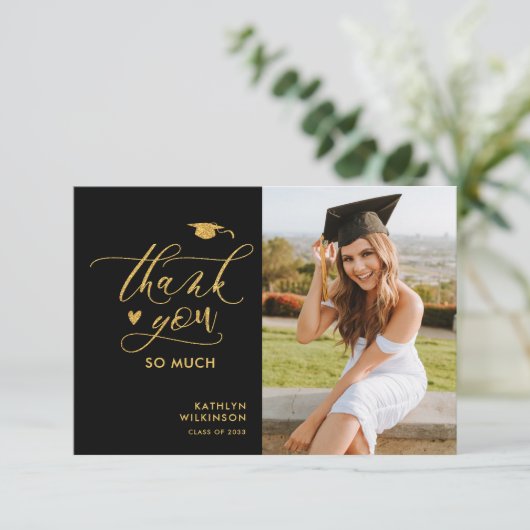 Gold Glitter Elegant Script Photo Afstuderen Bedankkaart (Staand voorkant)