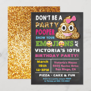 Gold Glitter Emoji Party Pooper Girl Birthay Kaart