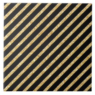 Gold Glitter en Black Diagonal Stripes Pattern Tegeltje