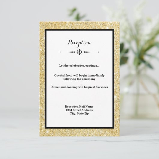 Gold Glitter en Black Lijst-Reception Uitnodiging Informatiekaartje (Staand voorkant)