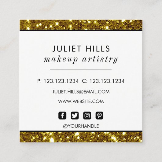 Gold Glitter en Black Stripe Square Visitekaartje (Achterkant)