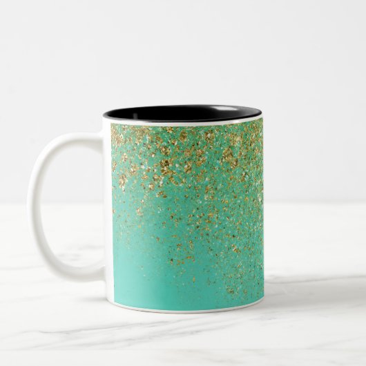 Gold Glitter en Blauwgroen Aqua Glam - aangepast m Tweekleurige Koffiemok (Links)