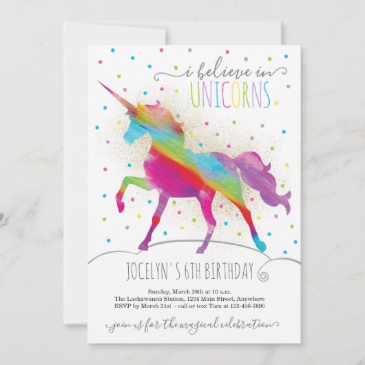 Gold Glitter en Rainbow Unicorn Uitnodiging (Voorkant)