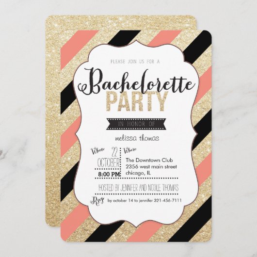 Gold Glitter en Stripes Bachelorette Uitnodiging (Voorkant / Achterkant)