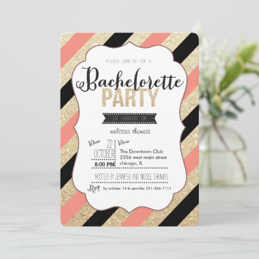 Gold Glitter en Stripes Bachelorette Uitnodiging (Staand voorkant)