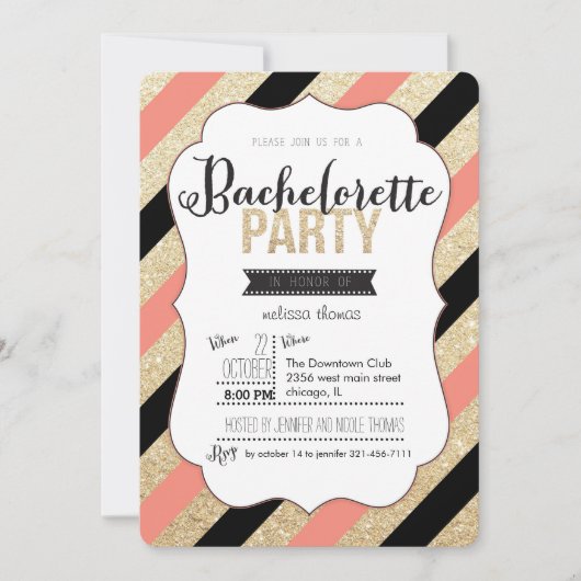 Gold Glitter en Stripes Bachelorette Uitnodiging (Voorkant)