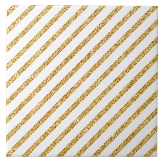Gold Glitter en White Diagonal Stripes Pattern Tegeltje (Voorkant)