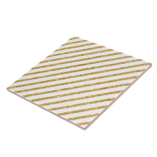 Gold Glitter en White Diagonal Stripes Pattern Tegeltje (Zijkant)