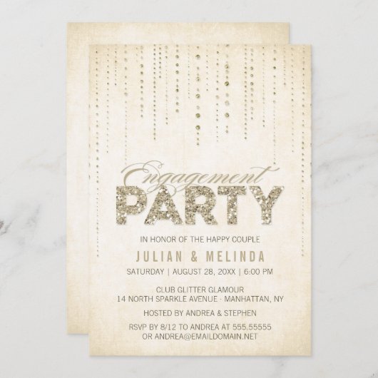 Gold Glitter Engagement Party - Uitnodiging (Voorkant / Achterkant)