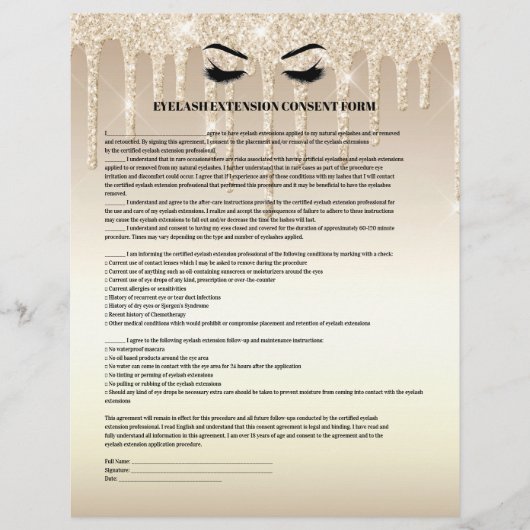 Gold Glitter EYELASH EXTENSION CONSENT FORM Flyer (Voorkant)