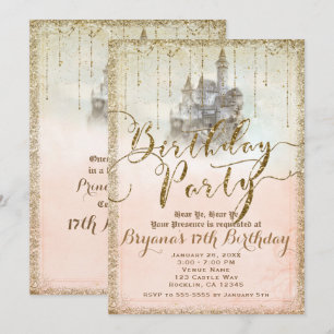 Gold Glitter Fairytale Storybook Castle Birthday Kaart