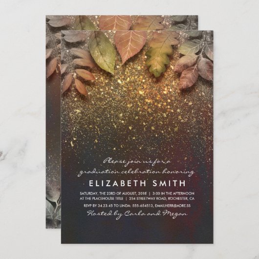 Gold Glitter  Fall Leaves Afstuderen Kaart (Voorkant / Achterkant)