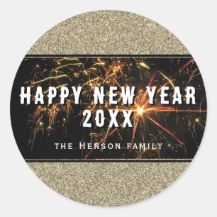 Gold Glitter Fireworks Happy Nieuwjaar 2023 Ronde Sticker