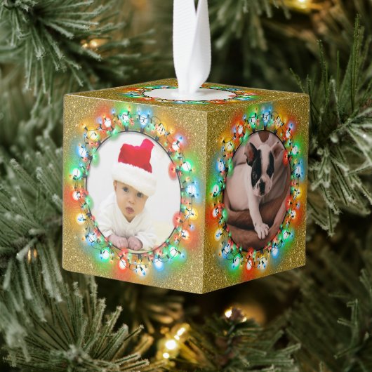 Gold Glitter Five Photo Kerstfeestdag Square Kubus Ornament (Boom)
