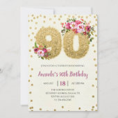 Gold Glitter Floral 90th Birthday Invitation Kaart (Voorkant)