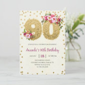 Gold Glitter Floral 90th Birthday Invitation Kaart (Staand voorkant)