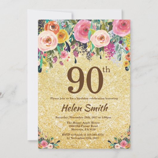 Gold Glitter Floral 90th Birthday Invitation Kaart (Voorkant)