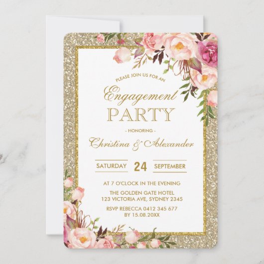 Gold Glitter Floral Engagement Party Uitnodiging (Voorkant)
