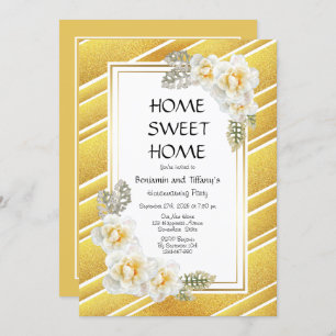 Gold Glitter Floral Housewarming Party Kaart