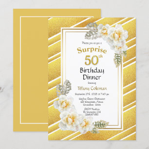 Gold Glitter Floral Surprise 50th Birthday Dinner Kaart